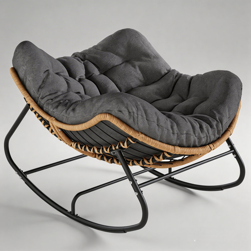 Chaise berçante d'extérieur en osier moderne avec design Papasan et coussin moelleux, Gris