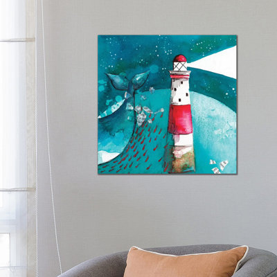 Whale With Lighthouse 1 Piece Wrapped Canvas Wall Art