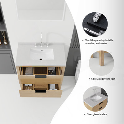 Meuble-lavabo autoportant de 76 cm avec lavabo, tiroir à fermeture amortie, comptoir et dosseret en marbre synthétique blanc granité de 5 cm, contreplaqué