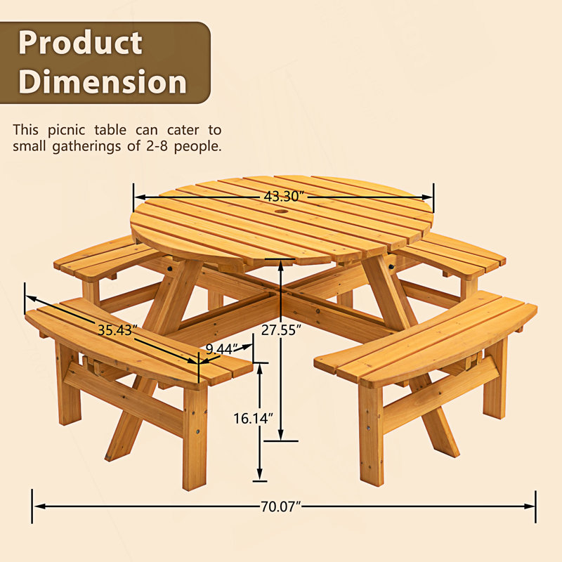 8 Person Picnic Table, Outdoor Camping Dining Table With With 4 Built-In Benches, Yellow