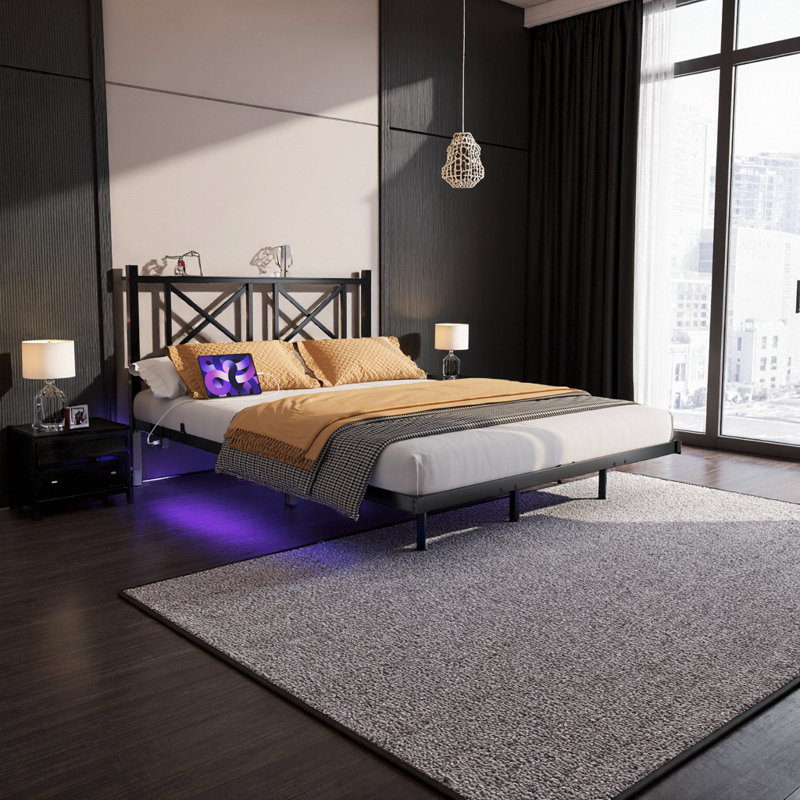 Base de lit plateforme pleine grandeur flottante - tête de lit avec rangement, charge USB, lumières DEL RVB, lattes en acier robustes, assemblage facile, noir