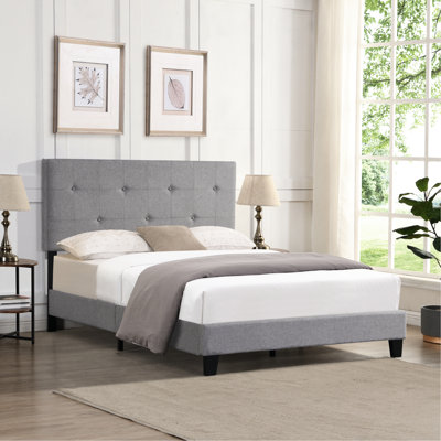 Lit double pleine grandeur - Tête de lit tapissier en lin gris sans sommier tapissier requis Assemblage facile avec abat-jour gris