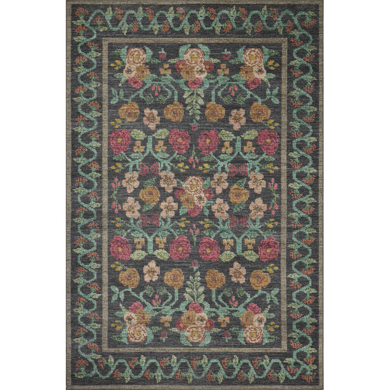 Black Floral Synthetic 5' x 7' Area Rug