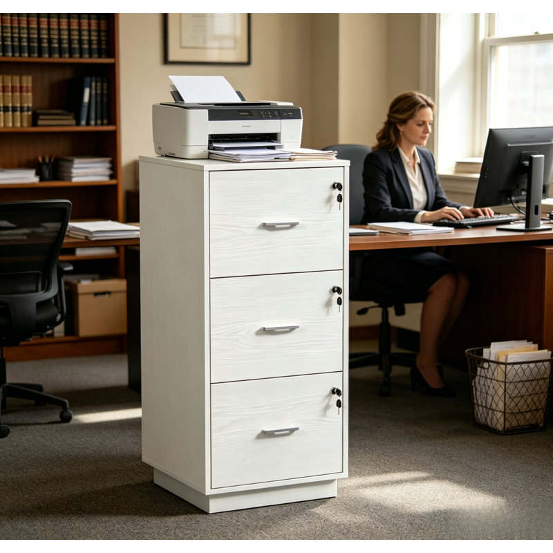 Classeur vertical verrouillable à 3 tiroirs, aspect bois blanc, meuble de rangement de bureau autoportant avec clés