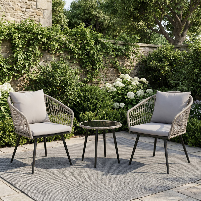 2-Piece Modern Bohemian PE Wicker Outdoor Patio Seating Set with Cushions and Side Table, Gray