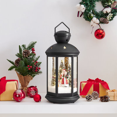 Tabletop Christmas Holiday Winter Scene Falling Snow Music Snowglobe Diorama Lit Lantern Decoration