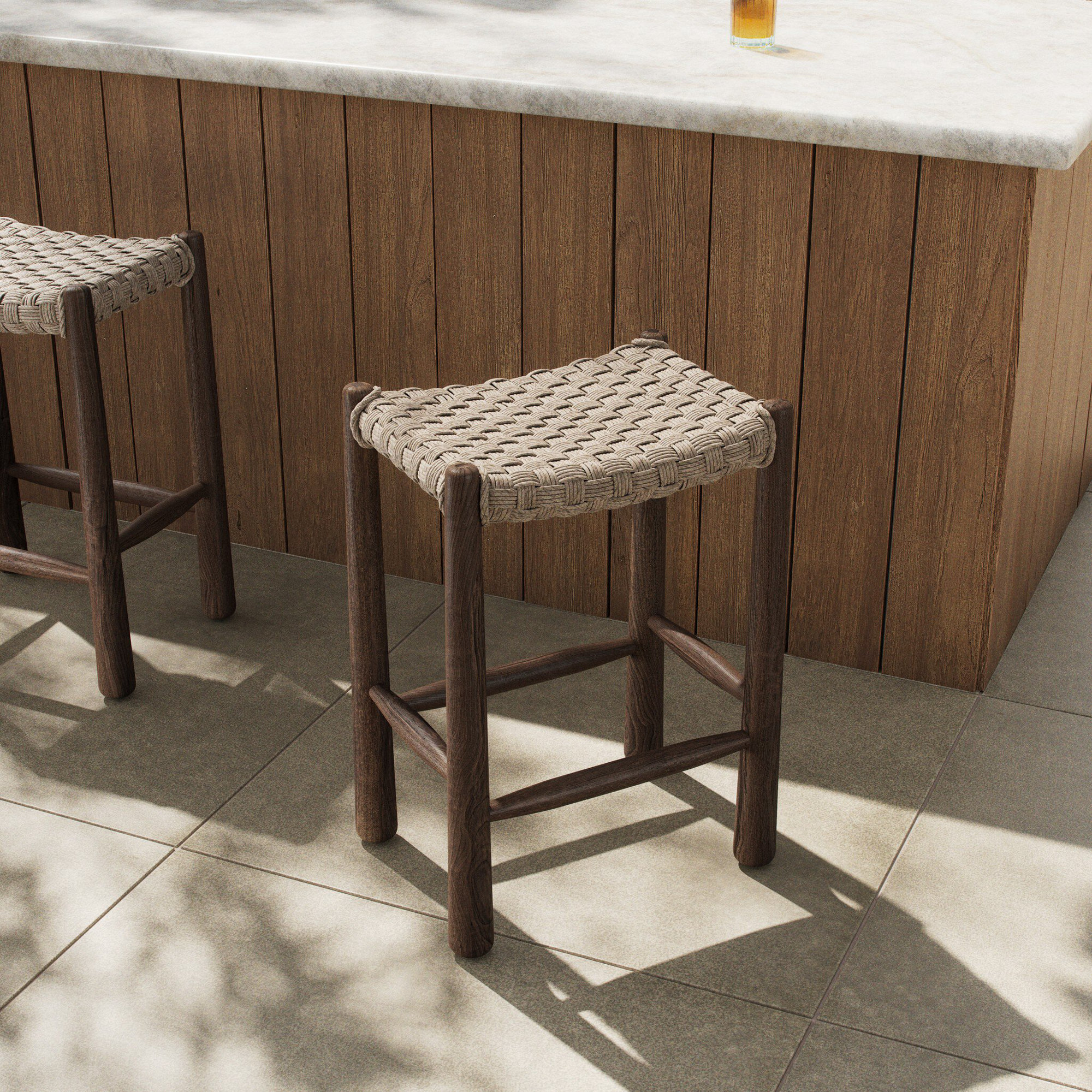 Savio Outdoor Stool-Dark Textured Woven-Counter, Beige, 25.98"