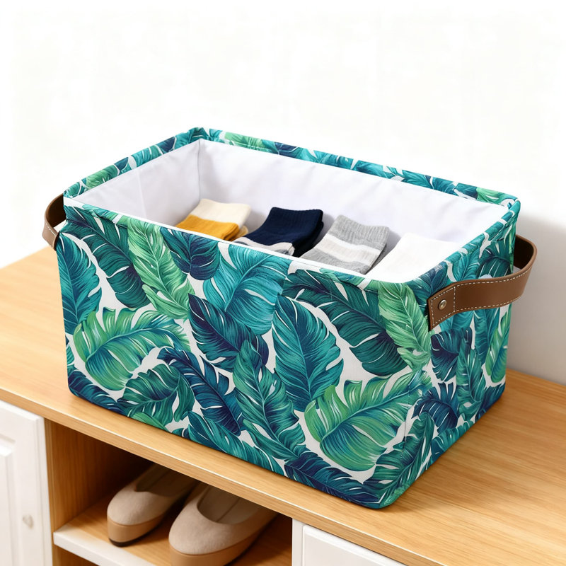 Collapsible Storage Bins 2-Pack With Tropical Leaf Pattern, Rectangular Fabric Organizer Basket For Home Organization And Decoration