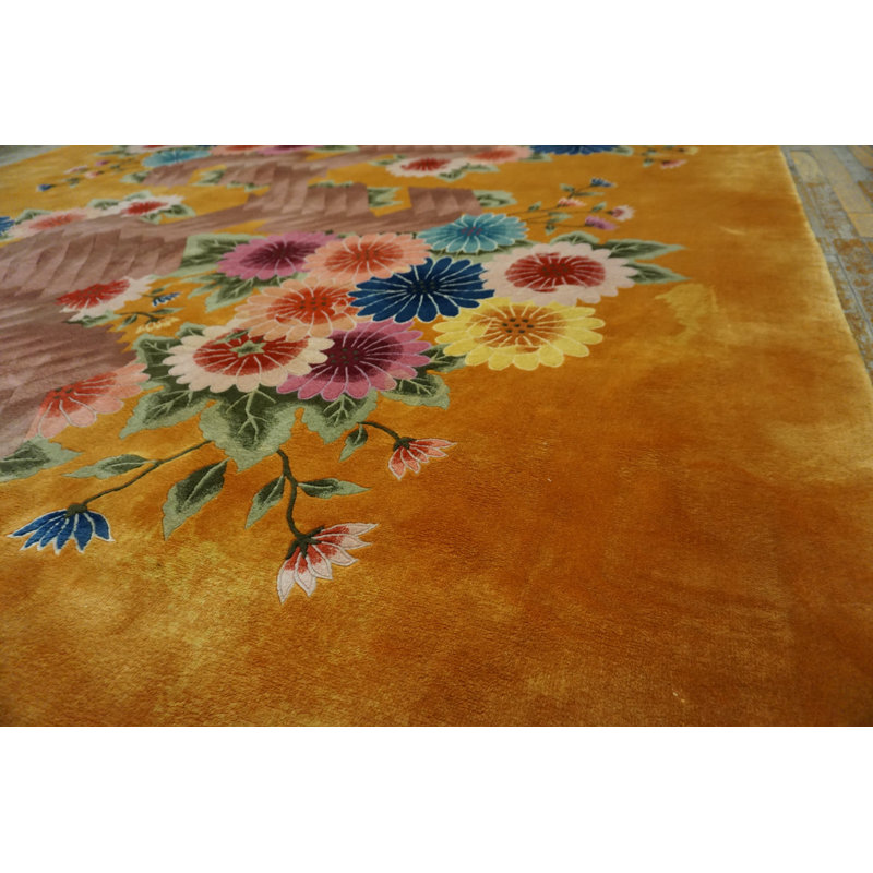 Room Size Knotted Antique Yellow Wool 1930s Chinese - Art Deco Rectangle Rug