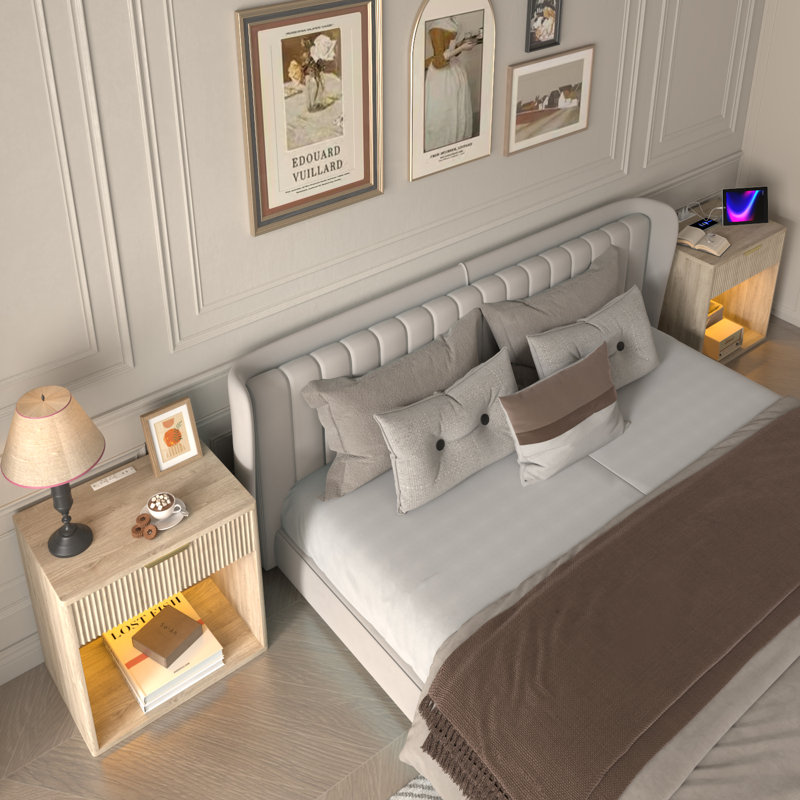 Fluted Nightstand with Charging Station - 23” Wide Modern Bedside Table with Drawer and Curved Profile, Mid-Century End Table for the Bedroom