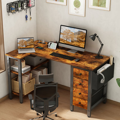 Built-in Outlets L-Shaped Computer Desk with Drawers & Storage Shelves