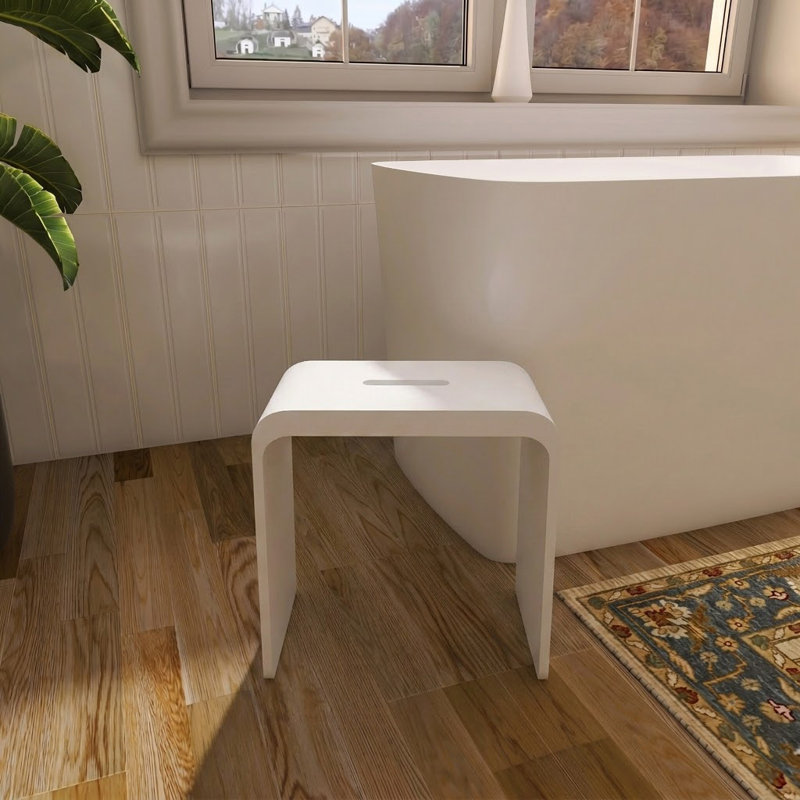 Solid Surface Shower Stool Free-standing Waterproof Vanity Seat In Matte White, White