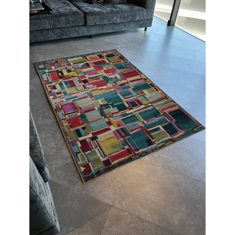 Tapis décoratif moderne multicolore à motifs foncés et multicolores, Tapis de couloir 3 pi 3,37 po x 6 pi 6,74 po