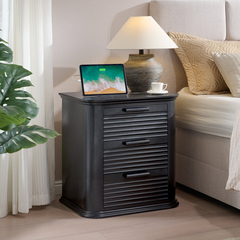 Modern Fluted Nightstand With Charging Station, 3 Drawer Wood Dresser, Curved End Table For Bedroom | Gift Idea, Black