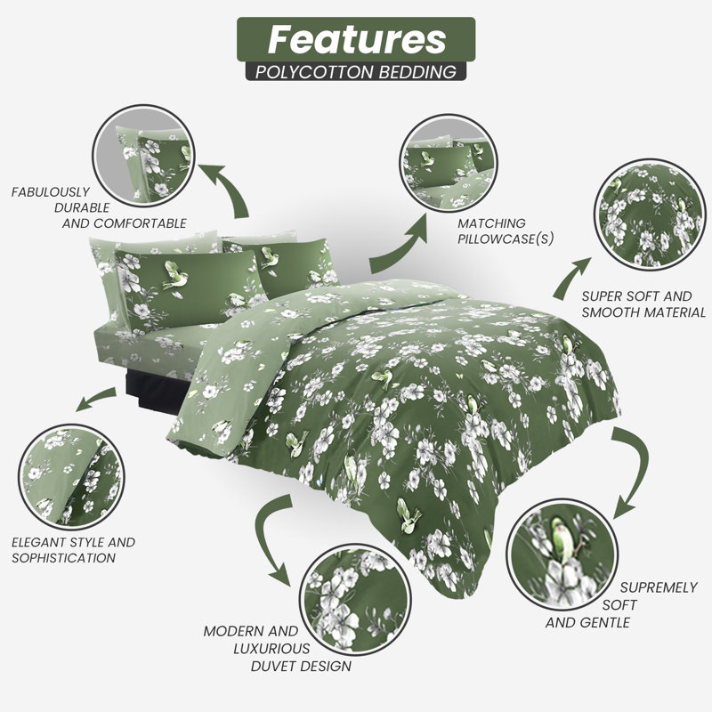 Birdie Blossom 144 TC Modern & Contemporary Duvet Cover Set, Single, Green