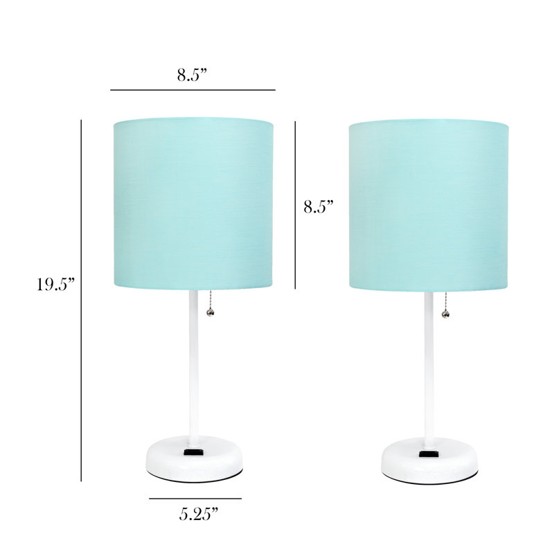 19.5" White Stick Table Lamp Set with Aqua Fabric Shades