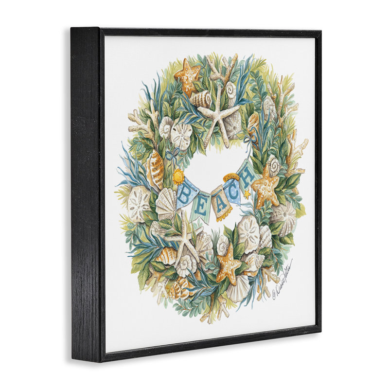 Holiday Beach Seashell Wreathe Nautical Christmas, Giclée encadrée noir minuit, H 17 po x l 17 po