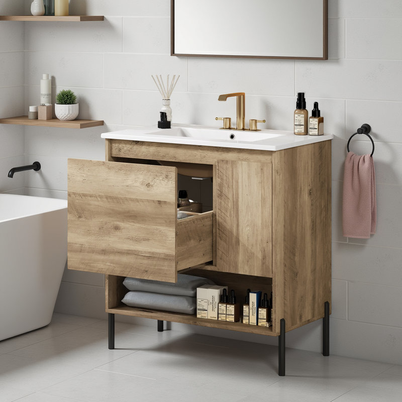 Meuble-lavabo 30 po à grain de bois avec lavabo en céramique, tiroir et tablette ouverte