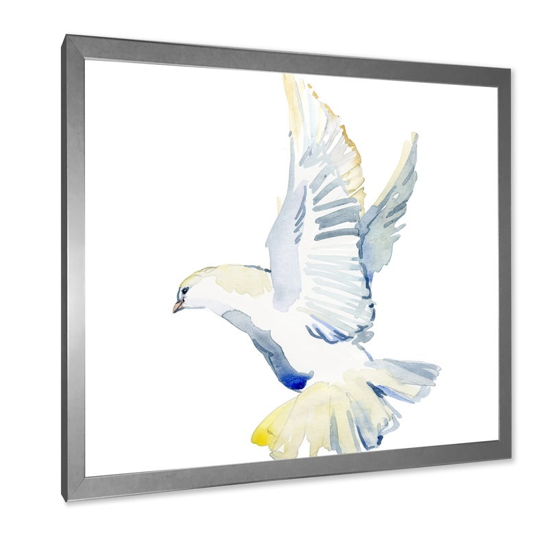 Colombe blanche en vol, Impression argent sur toile encadrée, H 30 po x l 30 po x P 1 po