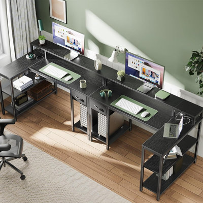 47 Inch Reversible L Shaped Desk With Led Lights & Power Outlets, Computer Desk With Shelves & Monitor Stand, Gaming Desk With Drawer, Home Office Desk Corner Desk, Black