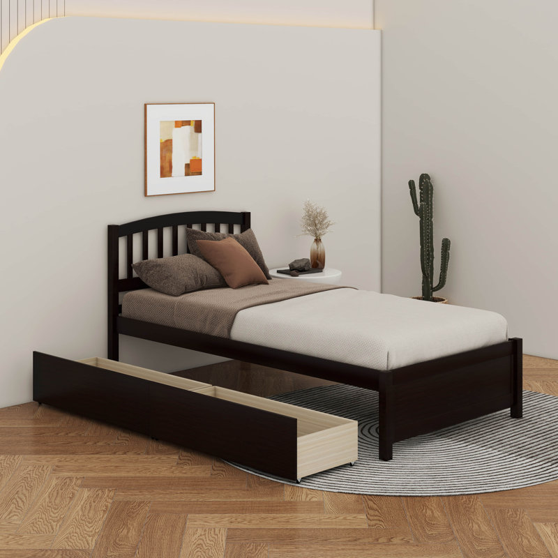 Lit plateforme simple avec 2 tiroirs et tête de lit, Espresso