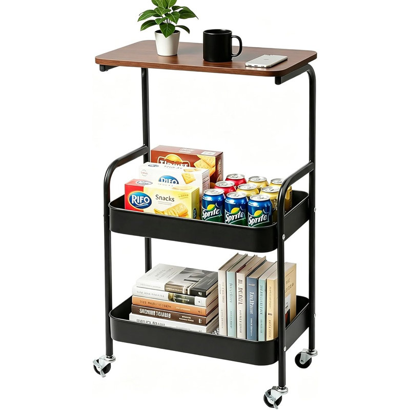 Chariot de roulage à 3 niveaux et table d'appoint avec plateau en noyer, chariot de rangement en métal sur roulettes pour la chambre à coucher, la cuisine, le bureau, la salle de bain et la salle de bricolage