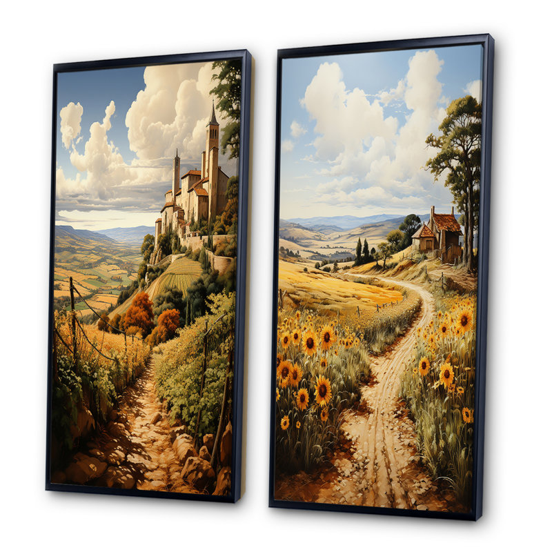«Espagne Golden Fields Méditerranée», 2 pièces, H 40 po x l 40 po, Cadre noir