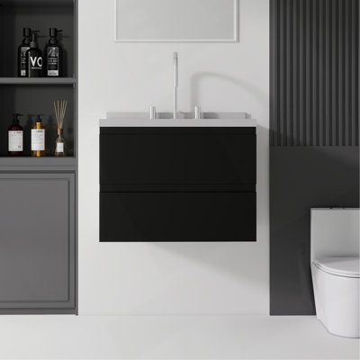 Meuble-lavabo suspendu de 61 cm avec lavabo, tiroir à fermeture amortie, comptoir et dosseret en marbre synthétique blanc granité de 5 cm, contreplaqué