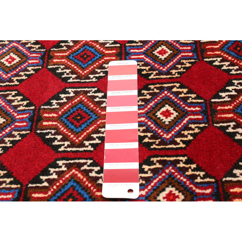 Tapis rouge en laine noué à la main de conception unique 3 pi 3 po x 6 pi New Age
