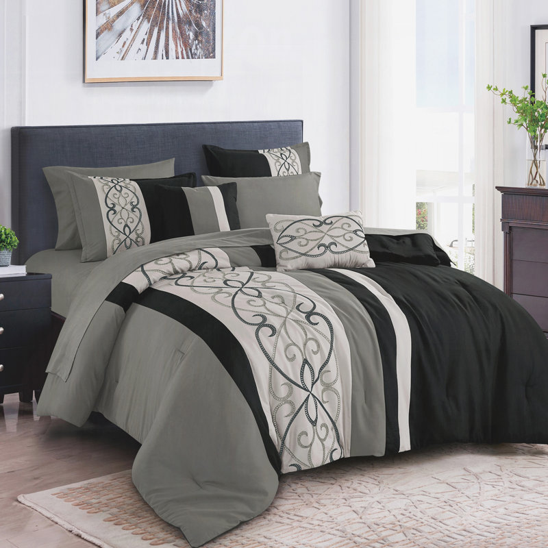 Ensemble d'édredon à volutes brodé de luxe 9 pièces avec draps, literie moderne noir et gris, très grand californien