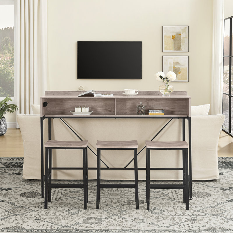 Versatile Bar Table Set with Power Socket and LED Light for Multiple Rooms, Gray