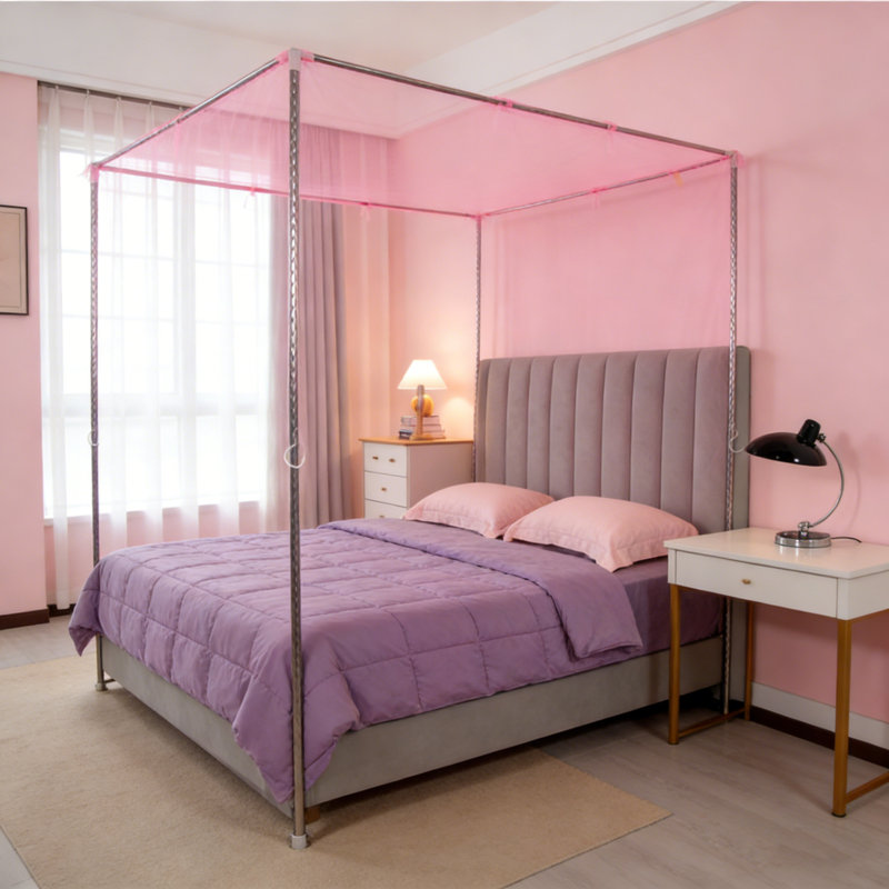 Moustiquaire princesse avec auvent en dentelle 4 coins pour embrasses et filet pliable pour la décoration du camping, Rose