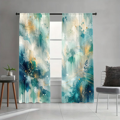 2PCS Abstract Splash Art Style Light Filtering Curtains, Teal Gold Leaf Pattern Modern Home Decor, Easy Hang Rod Pocket Design for Living Room, Bedroom and Study