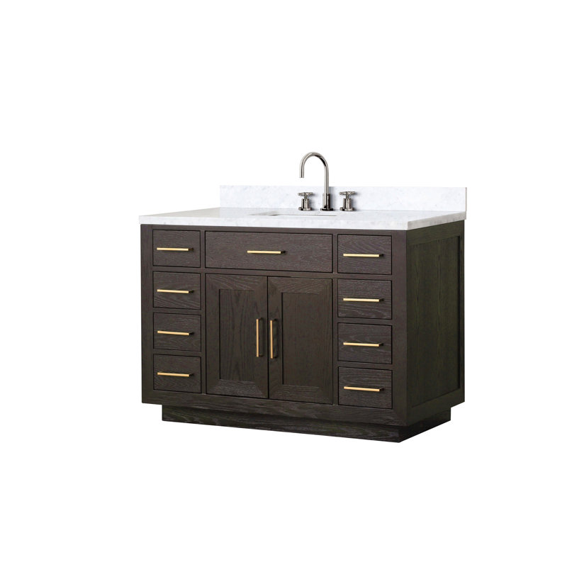 Meuble-lavabo simple en chêne 48 po X P 22 po D, dessus en marbre de Carrare et ensemble de robinet, Brown, Doré