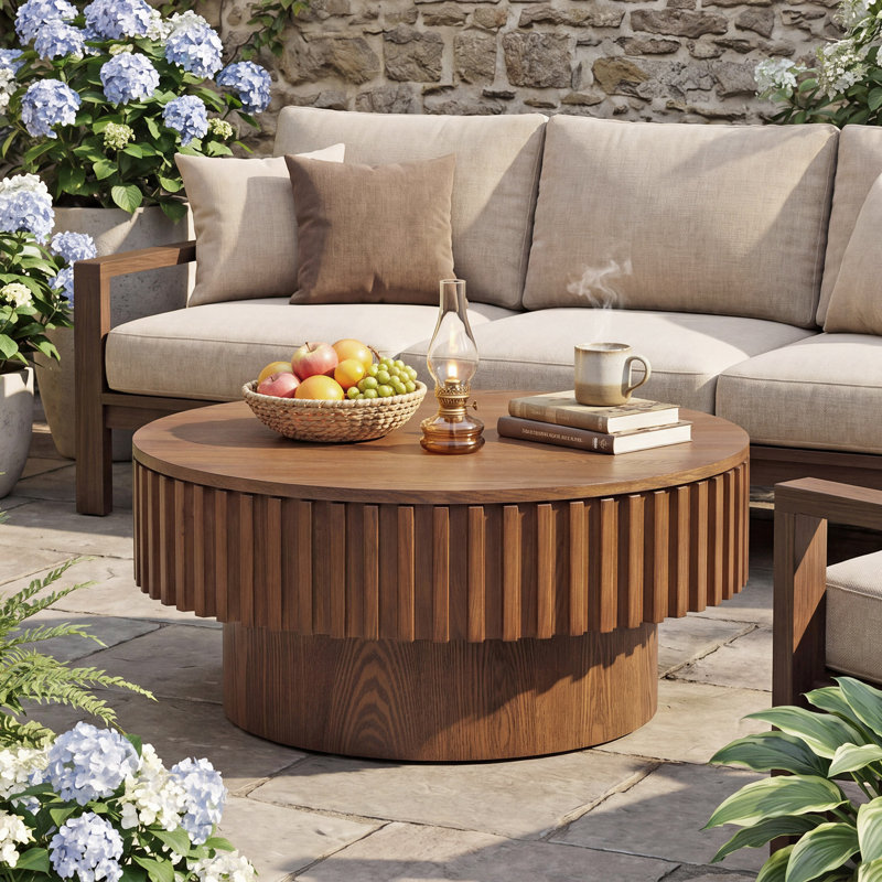 Table basse ronde cannelée de 80 cm avec couvercle amovible et rangement dissimulé, table basse en bois massif côtelé, table centrale de style champêtre pour salon