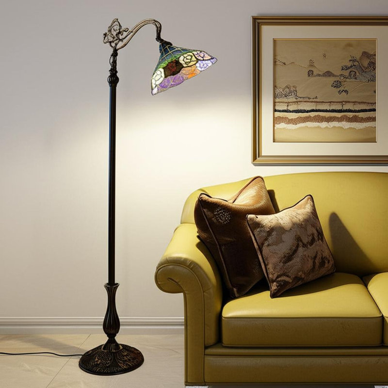 Lampe torchère sur pied brune 62 po avec abat-jour en verre fleurs bleues et jaunes Amaria