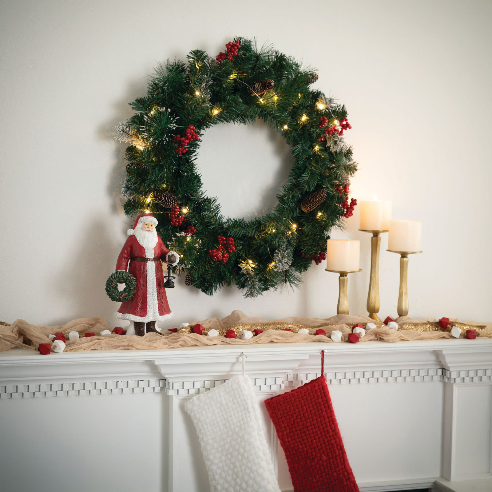 Artificial 24" LED Mixed Pine Christmas Wreath with Flocking, Pinecones and Berries, Green