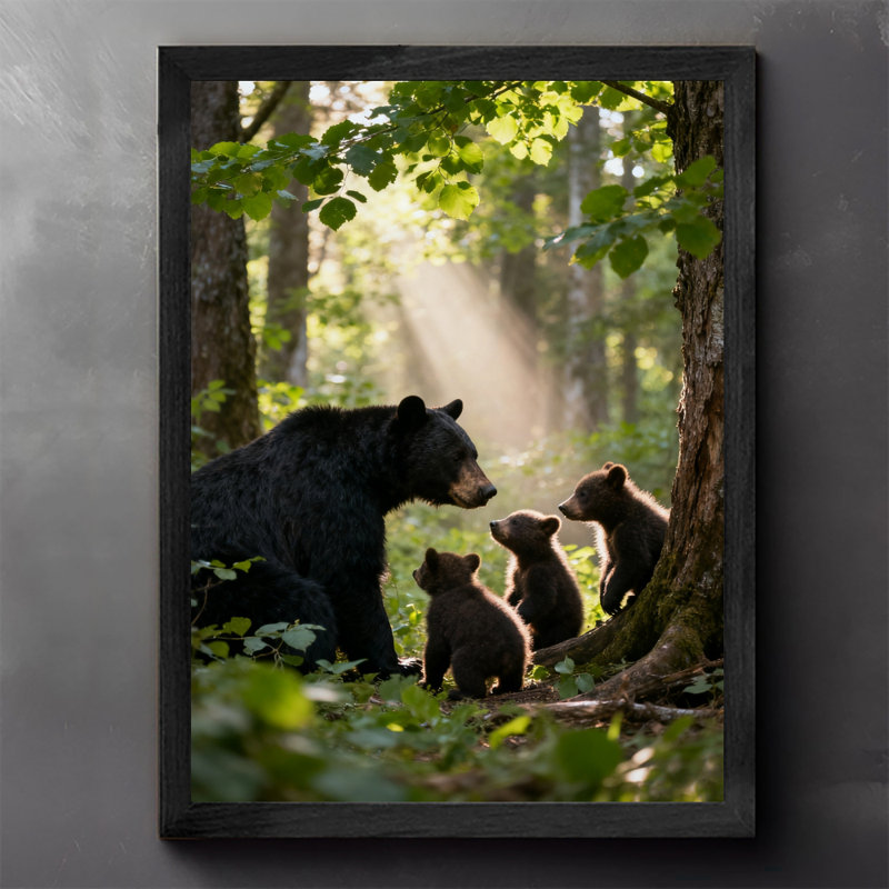 Reproduction d'art encadrée noire rétro, "La famille de l'ours noir" jouant dans la forêt, H 37 po x l 25 po