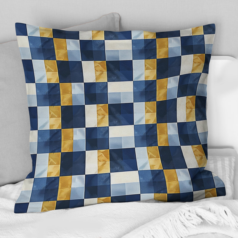 Imprimé vichy bleu et jaune VI - Coussin moderne, 18" x 18"