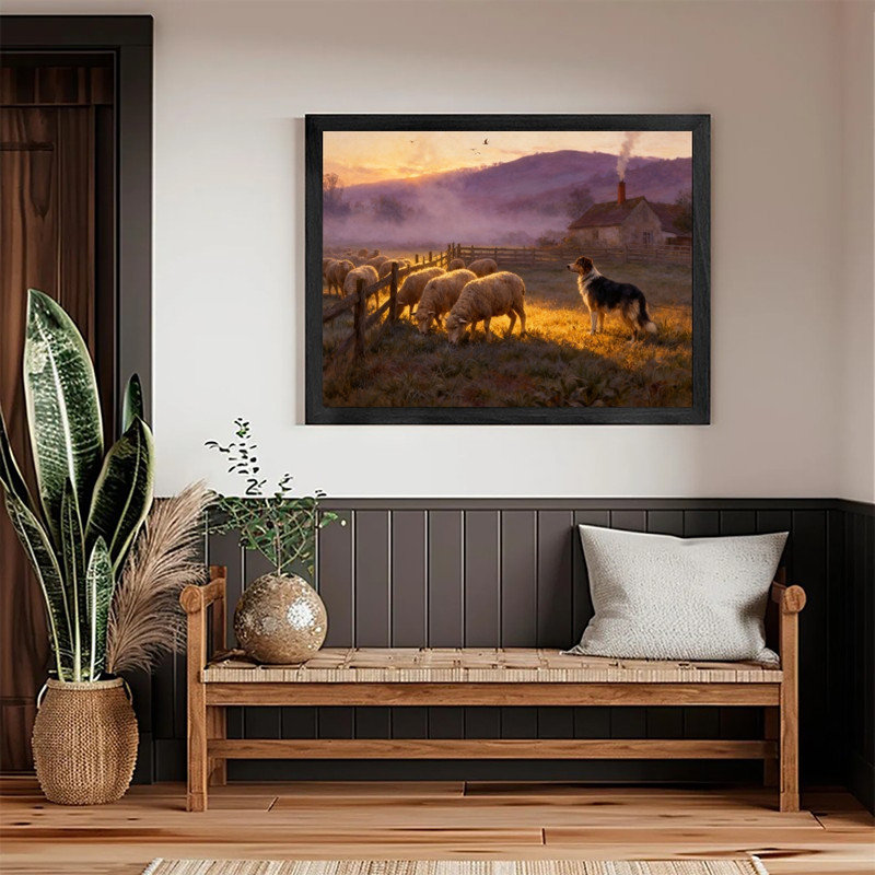 «Black Rustic Sheep & Dog at Sunset Farm», impression encadrée de paysage de campagne chaleureuse, H 9 po x l 11 po