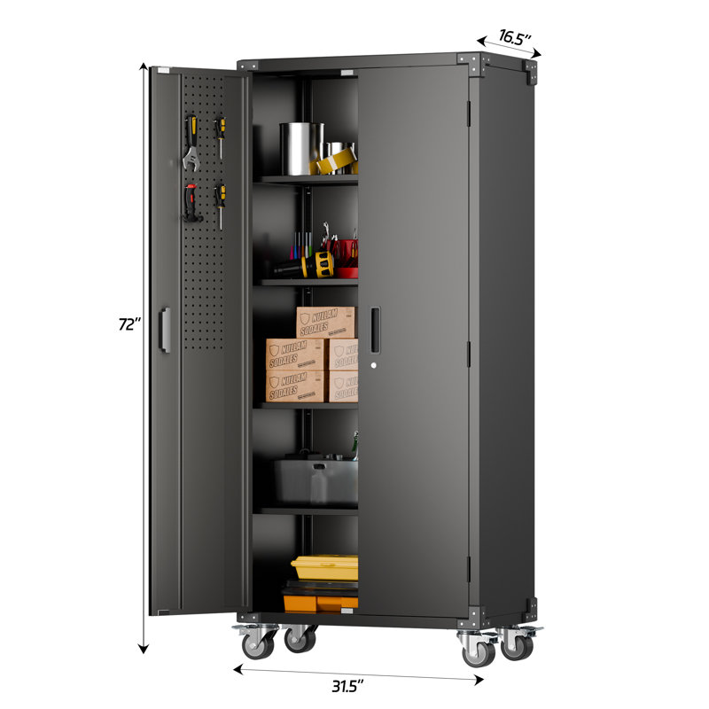 72" H Garage Storage Cabinets with Wheels,Metal Storage Cabinets with Door Pegboard for Garage Home Office Storage,Assembly Required