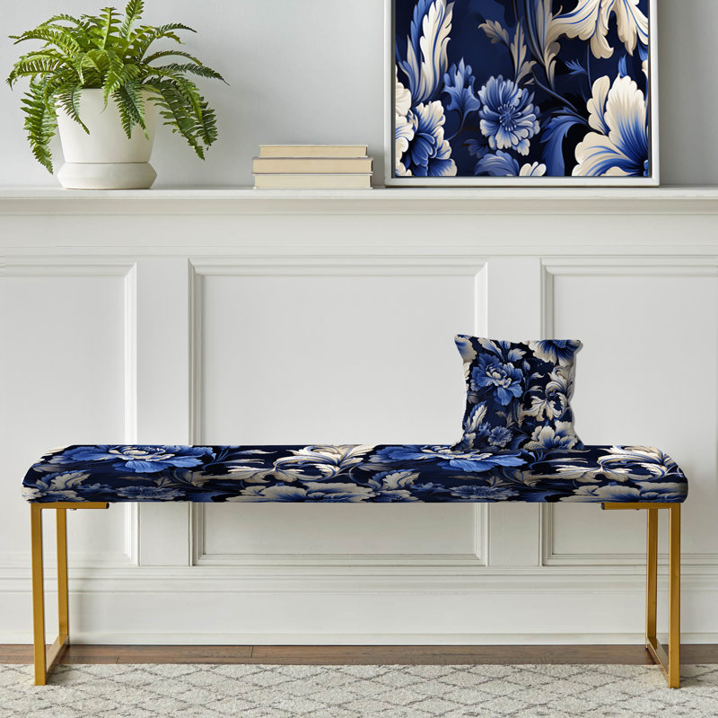 Blue Victorian Neo Gothic Victorian Pattern - Floral Upholstered Gold Bench