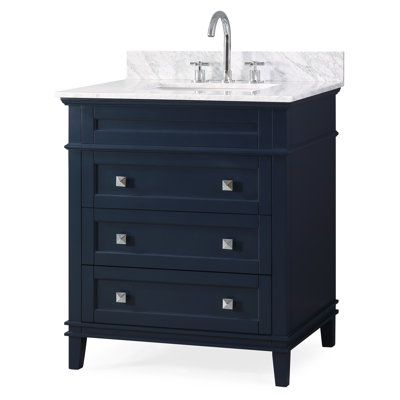 Meuble-lavabo sur pied moderne Felix bleu marine de 76 cm (30 pouces) de la marque Tennant, lavabo simple, comptoir en marbre de Carrare, entièrement assemblé