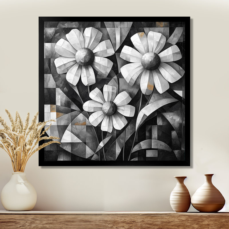 Fleurs délicates géométriques monochromes - Art mural de fleurs sauvages pour le salon, H 16 po x l 16 po