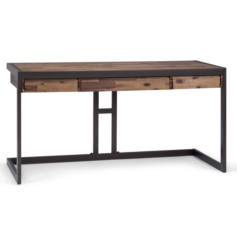 Erina Solid Acacia Wood and Metal Modern Industrial Writing Desk with Drawers and Flip-Down Keyboard Tray