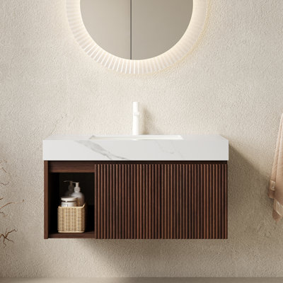 Ensemble de meuble-lavabo 36 po, meuble de rangement flottant, comptoir en pierre frittée blanc Carrara et lavabo en céramique avec 1 trou de robinet pré-percé, pré-assemblé, sans robinet et ensemble de drain