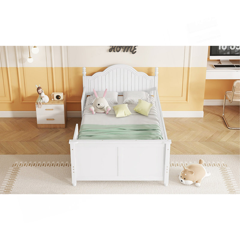 Lit simple pour enfants, lit plateforme simple en bois avec tête et pied de lit, Lit simple, Blanc