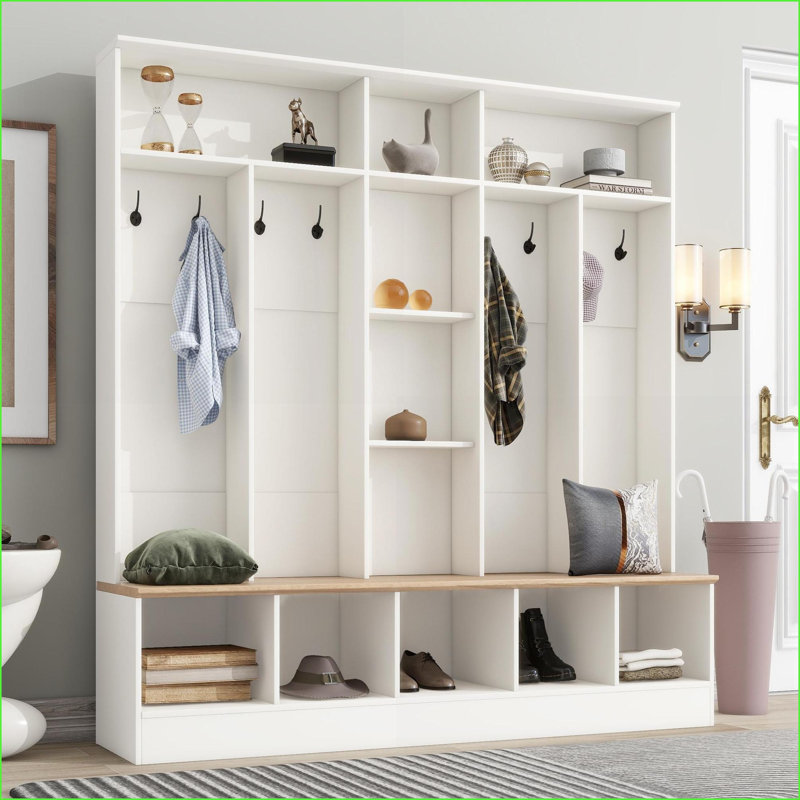Arbre d'entrée avec banc de rangement | Portemanteau blanc minimaliste avec 5 compartiments de rangement, 8 crochets et amp; Tablettes | Blanc | Panneau de particules