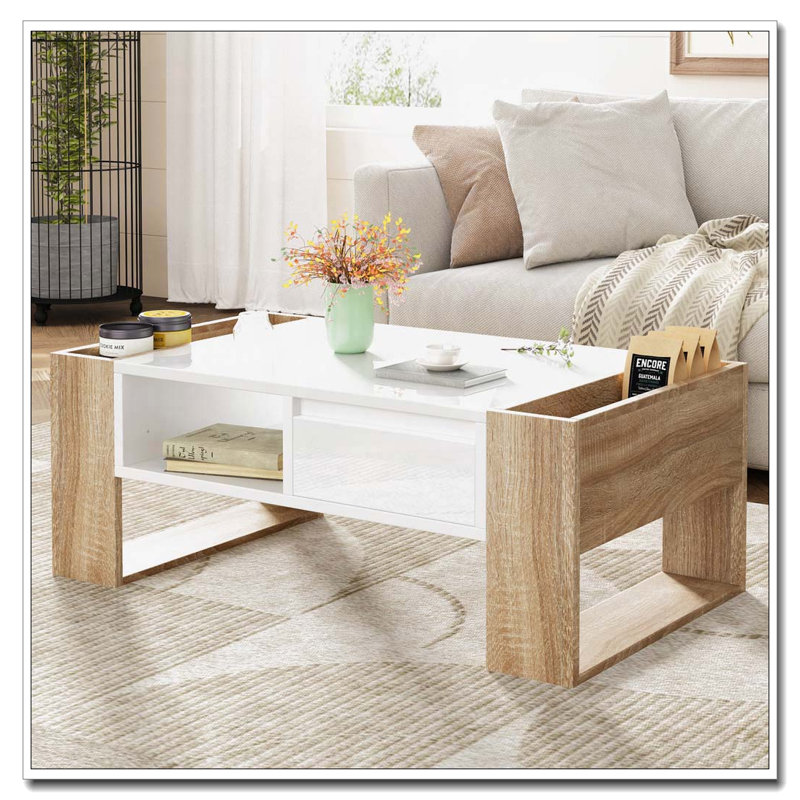 Table basse haute brillance avec 2 tiroirs, Blanc