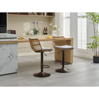 Set Of 2 Rattan Bar Stool, 360 Swivel Bar Chair, Counter Height Chair With Footrest For Kitchen, Dining Room